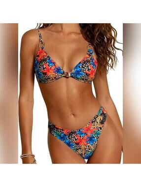 NWT OWICA Two Piece High Cut Front Knot Tie Back Cheeky Bikini Swimsuit, XL